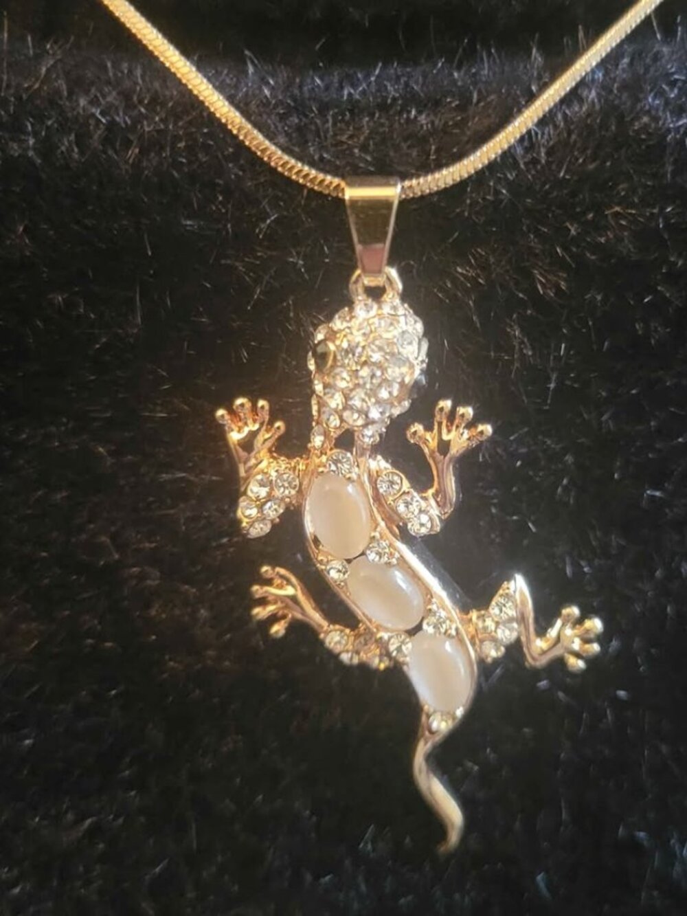 Gold Plated Gecko Pendant Featuring White Crystal Rhinestone Accents